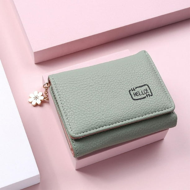 Cartera de material cuero plegable pequeña y compacta para mujer Mini monedero para mujer con ventana de identificación Verde BLESIY Billetera pequeña