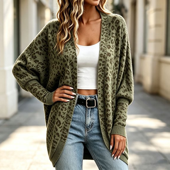 FASHOFT Leopard Print Cardigan Sweaters for Women Button Down Long Sleeve V Neck Sweater Fuzzy Casual Outerwear Fall Clothes L