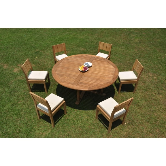 Grade-A Teak Dining Set: 6 Seater 7 Pc: 72" Round Table And 6 Veranda Armless Chairs Outdoor Patio WholesaleTeak #WMVR62