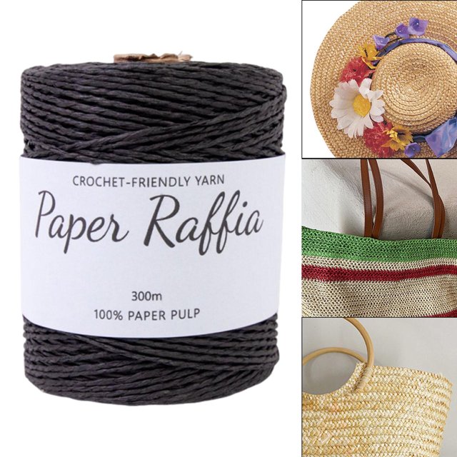 Crochet rafia hilo de papel de 15 mm rafia cuerda redonda de cuerda 328 yardas para bolsas de crochet gorro de playa tejido de bricolaje de verano Negro