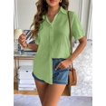 thumbnail image 2 of Women'S Cotton Button Rolled Hem Short Sleeve Shirt Summer Casual V Neck Beach Cotton Top Yellow & Green XXL, 2 of 6