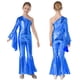 thumbnail image 3 of Mono de gimnasia con mangas acampanadas para niñas, mono de un hombro y campana metálico brillante, trajes de ballet y danza jazz, 3 of 5