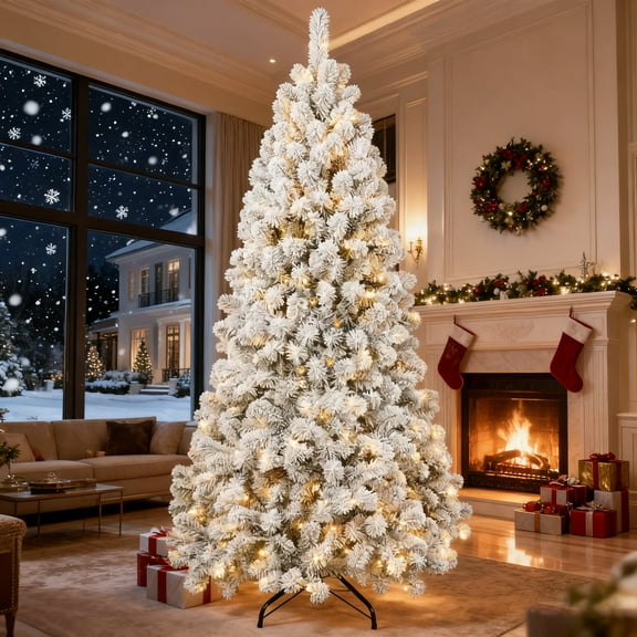 Makeatree 6FT Prelit Flocked Artificial Christmas Tree w/ 760 Branch Tips&300 Light White Xmas Tree , Foldable Stand