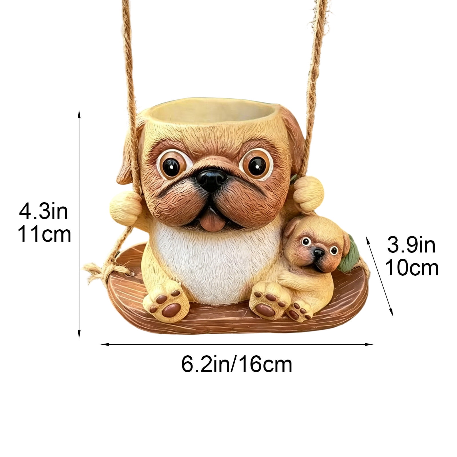 Cute Resin Pug & Baby Dog Hanging Planter – Succulent Pot for Indoor/Outdoor, Balcony Garden Decor, Jute Rope Included, Gift for Dog Lovers