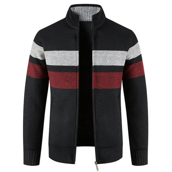 Lilgiuy Mens Sweater Cardigan Full Zip Color-Block Stripe Cable Knitted Long Sleeve Cardigan with Pockets for Home Leisure