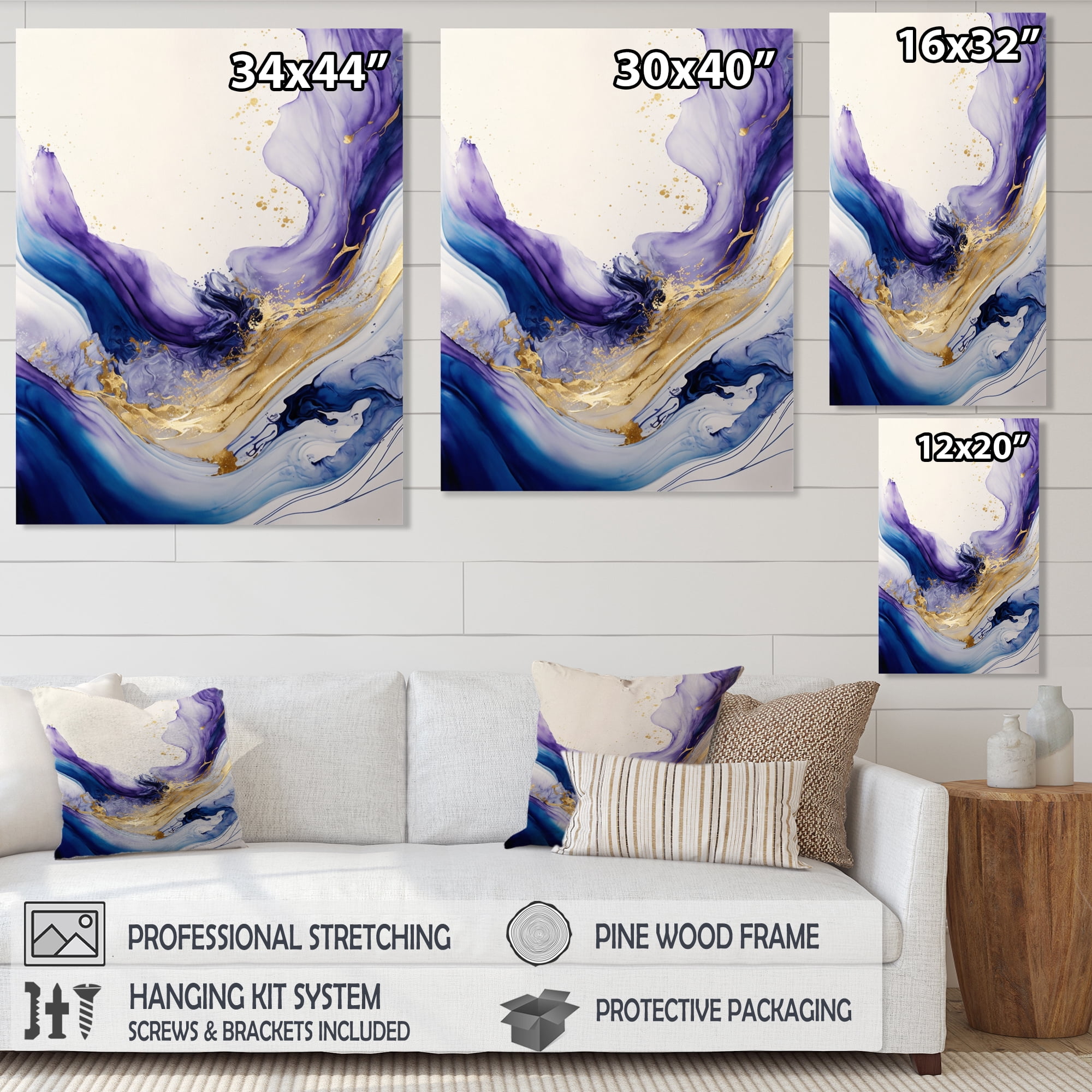 Designart Blue, Gold And Purple Splash Paint I Canvas Wall Art