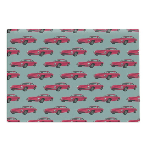Cars Cutting Board, Vintage Red Vehicles Retro Sports Cars from Sixties Fifties Driving Speeding, Decorative Tempered Glass Cutting and Serving Board, Large Size, Pink Slate Blue, by Ambesonne