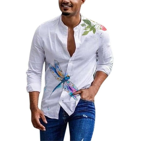

JDEFEG Slim Fit Blouse Men Autumn Winter Cotton and Linen Long Sleeves Printed Single Stand Collar Casual Shirts Top Scrub Pants Men J Cotton and Linen Sky Blue S
