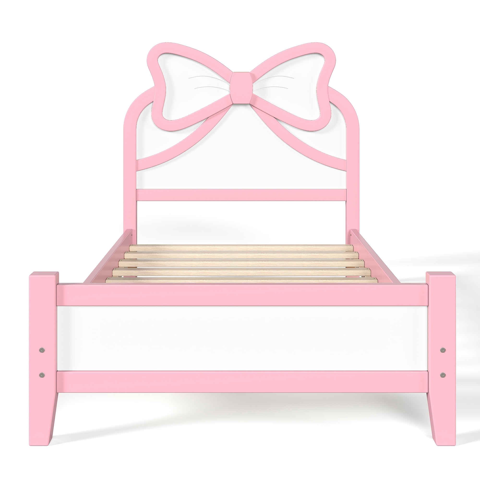 Miniyam Twin Size Kids Platform Bed with Bow-Shaped Headboard, Wood Bed Frame, Pink