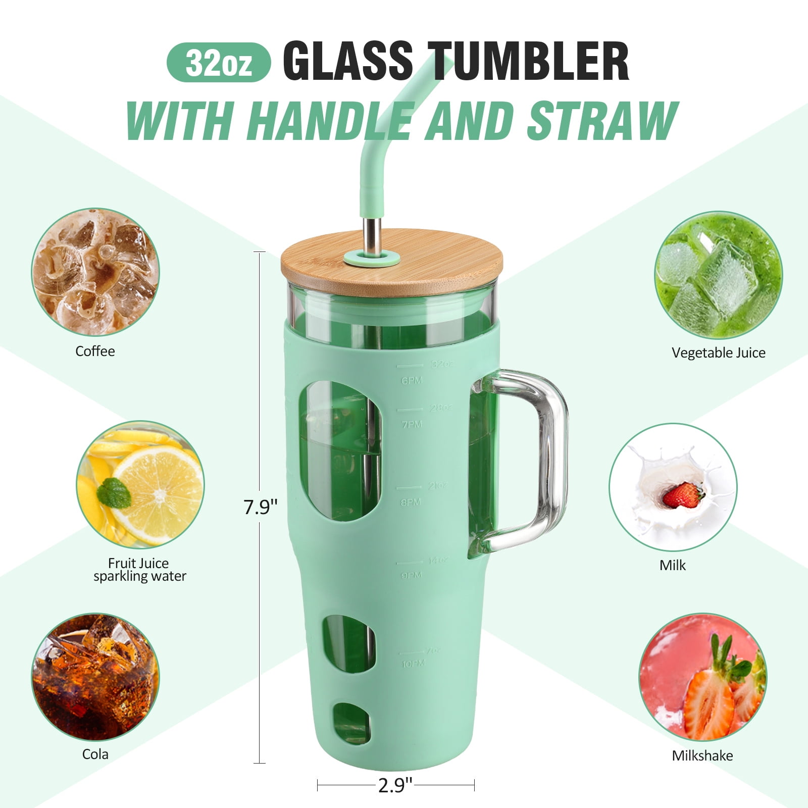 MUKOKO 32 oz Glass Tumbler , Glass Water Bottle with Capacity Marker and Silicone Sleeve, Iced Coffee Drinking Cup with Straw and Lid, Leakproof Suitable for Cup Holders, Green