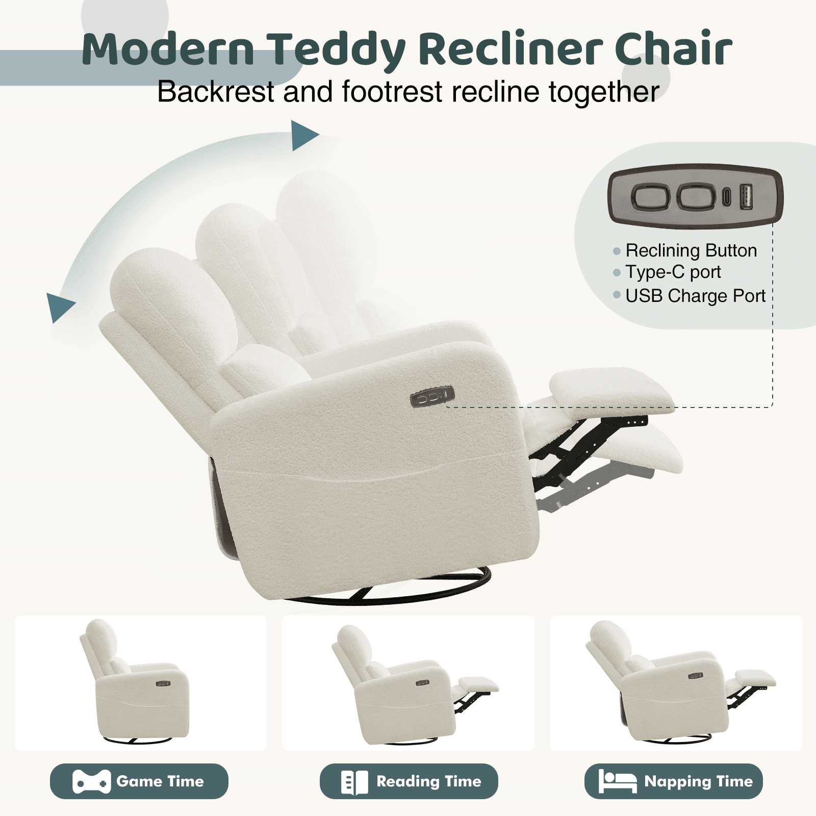 Aemeios Swivel Power Recliner Chair Teddy Nursery Glider Rocking Recliner, White