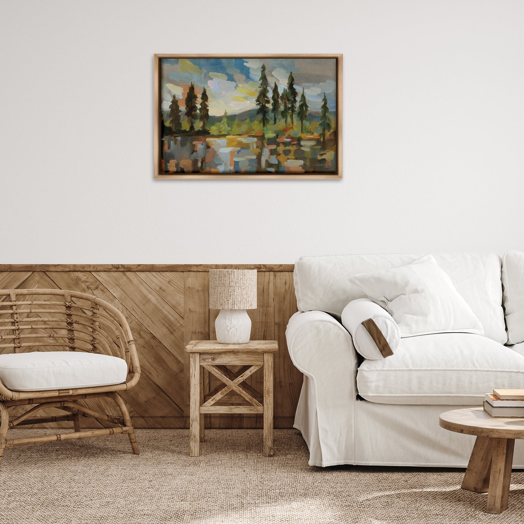 Stupell Industries High Mountain Lake Landscape & Nature Painting Brown Floater Framed Canvas Art Print Wall Art, 31 x 21