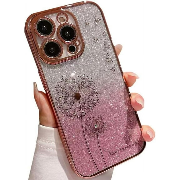 Plating Gradient Glitter Dandelion Bling Diamond Soft Case for iPhone Compatible with iPhone 13, Pink