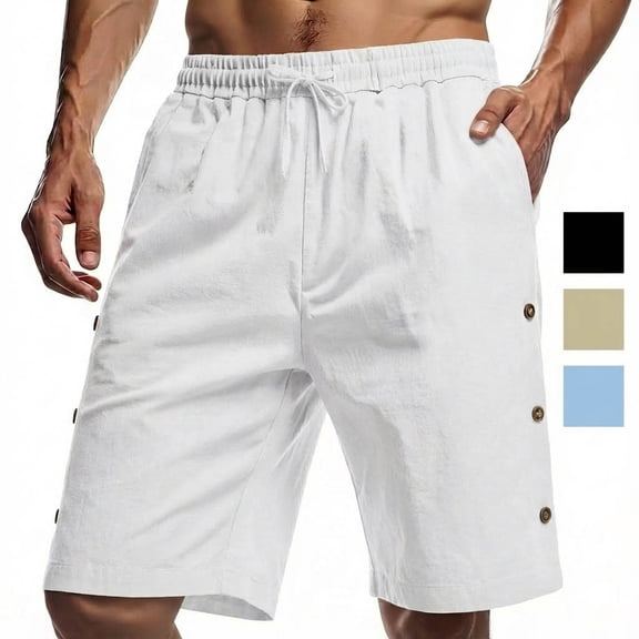 Thousandth Men Cotton Shorts Casual Bermuda Shorts Elastic Waist Plain Drawstring Linen Style Shorts Breathable Comfortable Summer Shorts with Buttons