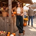 thumbnail image 3 of Dweltoz Women's 2026 High Waist Baggy Wide Leg Jeans Trendy Patchwork Ruffle Hem Boyfriend Casual Denim Fall Long Trousers,Black M, 3 of 7