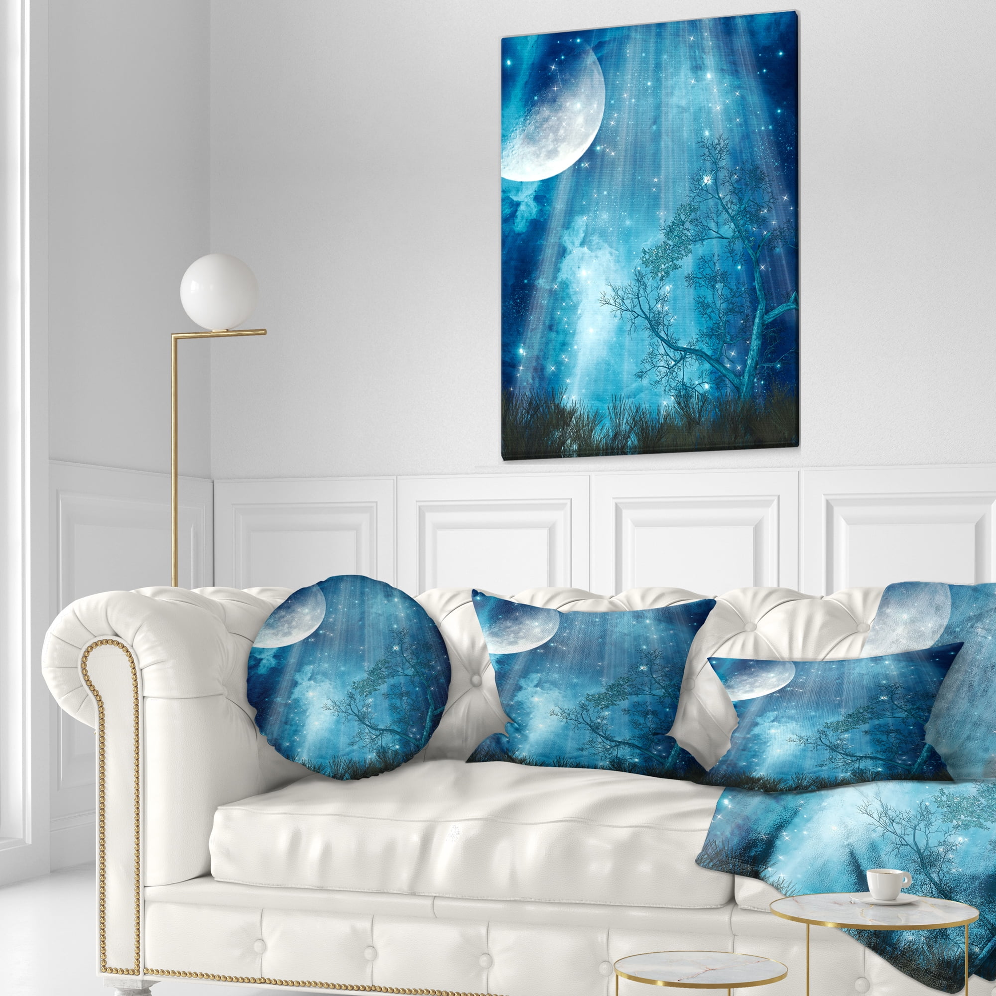 Designart Big Moon in Blue Forest - Landscape Printed Throw Pillow - 12x20