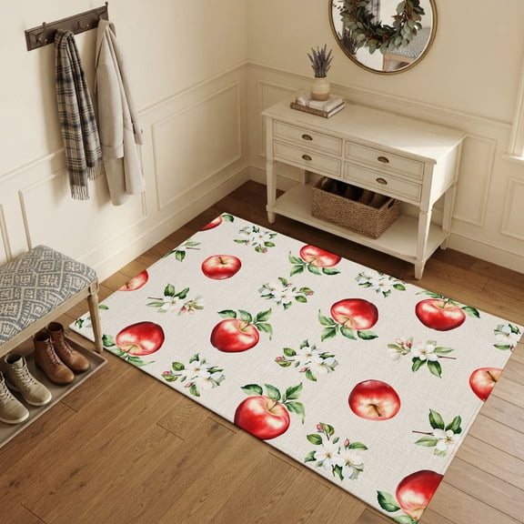 Area Rugs 3'x5', Farmhouse Fruits Carpet Runner Indoor Outdoor Rugs Home Decor Aesthetic, Green Leaves White Florals Retro Beige Non Slip Mats Washable Accent Rug for Living Room Bedroom