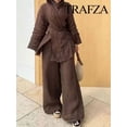 thumbnail image 3 of TRAFZA, conjunto de camisa de lino de Color sólido a la moda de verano para mujer, cárdigan con cinturón, Top tipo kimono + pantalones plisados de cintura alta para mujer, 2 piezas, 3 of 5