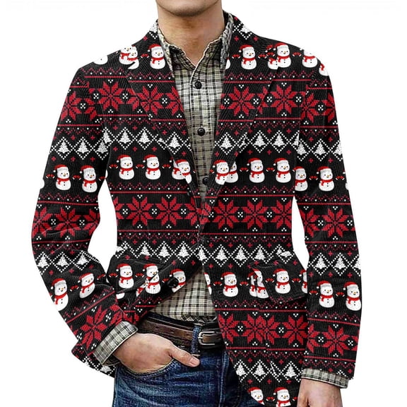 yuCgh Men's Corduroy Jacket with Ugly Christmas Design and Warm Pockets, Suit Cardigan for Casual Use,Black L