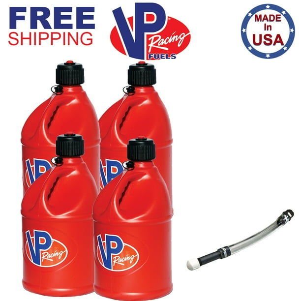 VP Racing 4 Pack Red 5 Gallon Round Fuel Jug Gas Can + Deluxe Fill Hose