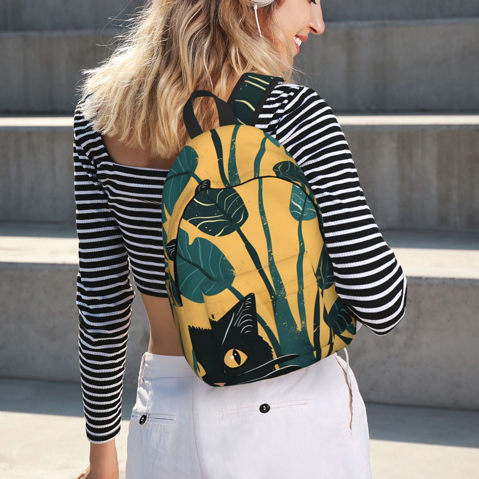 Vsdgher Cat Hiding In Potted Plants Print Canvas Backpack Travel Rucksack Unisex Knapsack 15.7/17.7Inch Laptop Backpack for Work,College -Medium