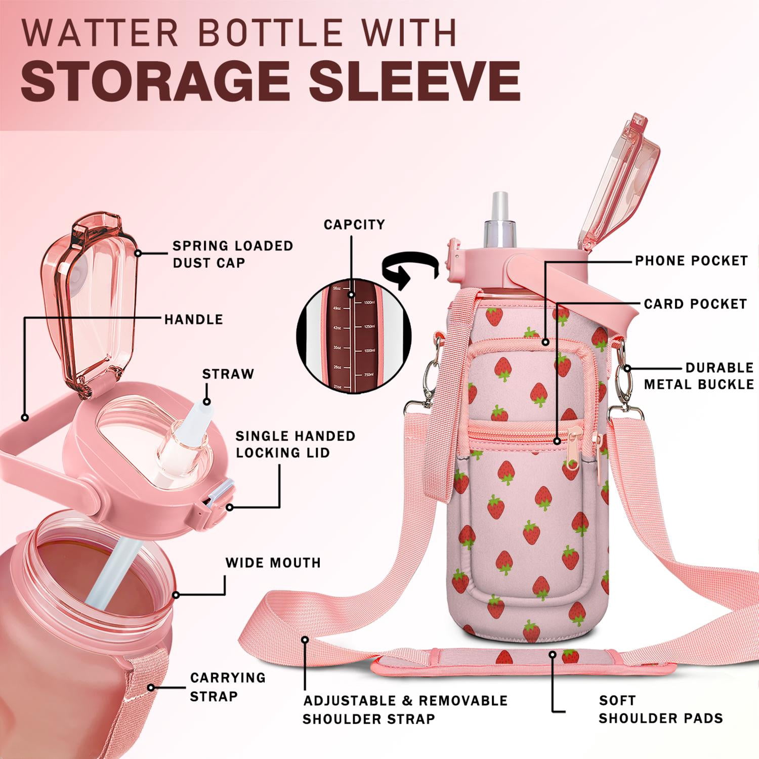Strawberry 64 Oz Half Gallon Water Bottle with Sleeve - BPA Free Leakproof Sport Large Plastic Water Bottle with Straw & Time Marker & Insulated Neoprene Holder Carrier Bag Great Gift for Women Men