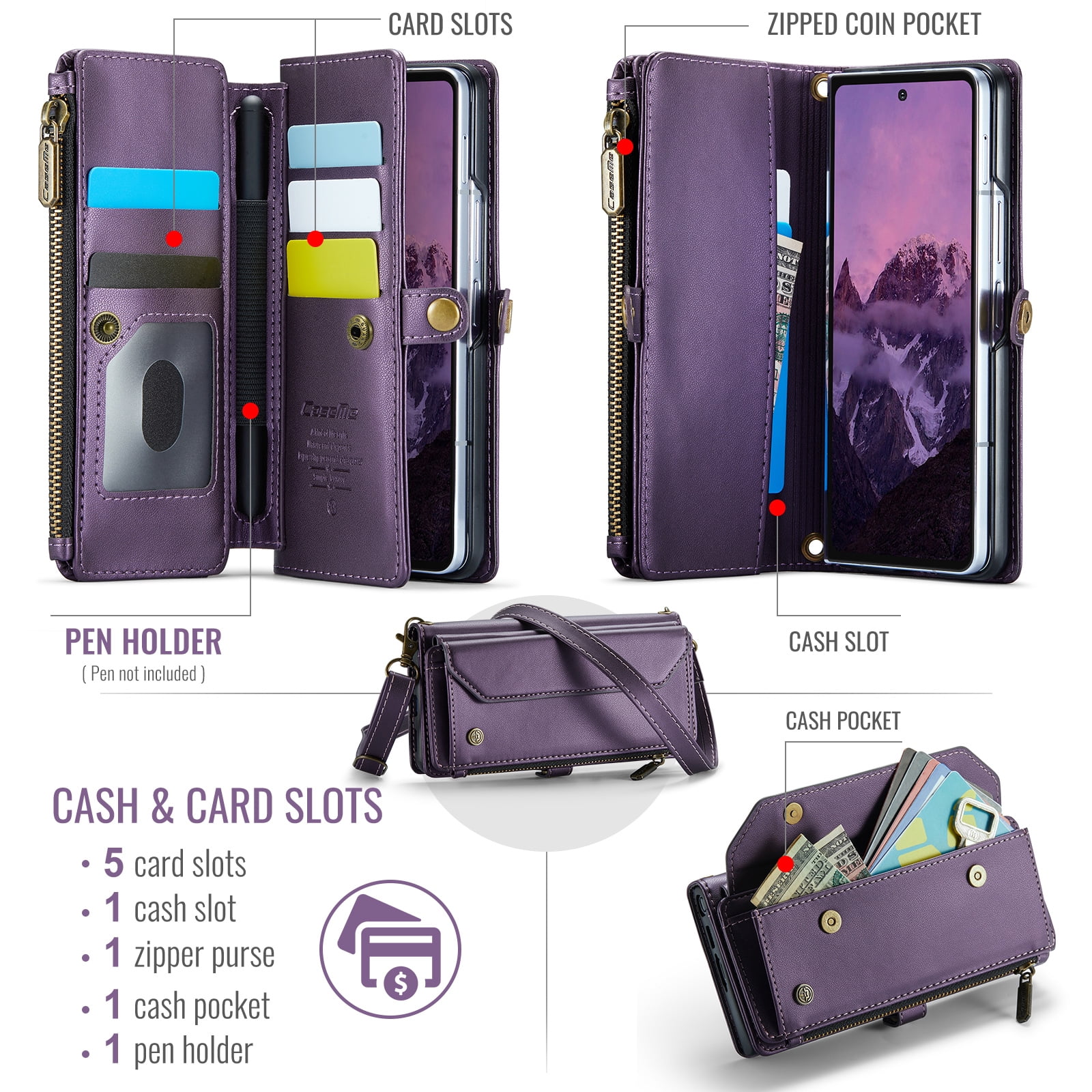Asuwish Compatible with Samsung Galaxy Z Fold 7 5G 2025 Zipper Wallet Phone Case With pen slot Crossbody Lanyard Strap Flip Card Holder Slot Cell Cover for ZFold7 Z7 G Fold7 7Z Women Girls Purple