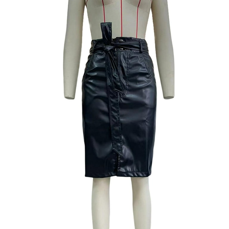 PERZOE Women Skirt Women Skirt Slit Hip Wrap Tie-in Waist Shirring Solid  Color Dress-up Faux Leather High Waist Sheath Skirt for Shopping