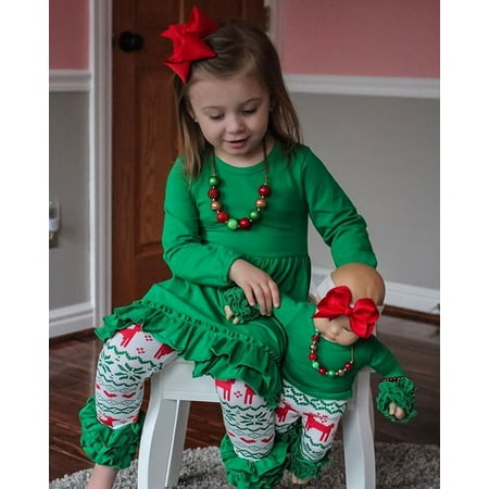 

3pcs Baby Girls Christmas Outfits With Headband Long Sleeve Ruffle Tunic Dress Top And Reindeer Pant