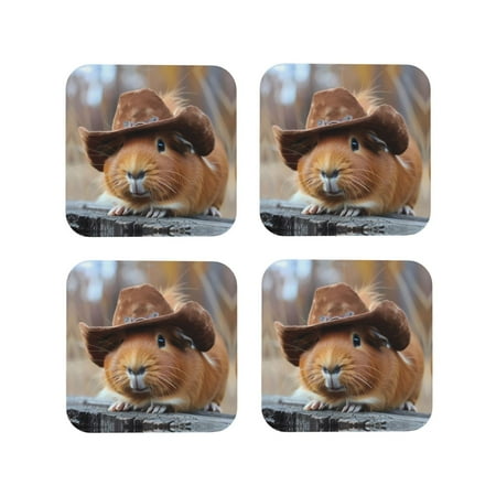 

Leather Coasters Set of 4 - Cowboy Hat Guinea Pig Lightweight Non-Slip Drink Coasters for Desk Anti-Scalding Desk Cup Coasters for Office Table Decor Square