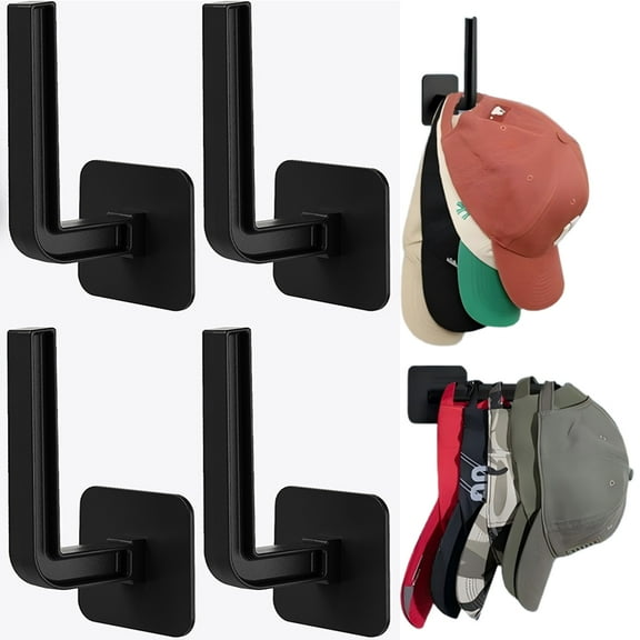 Hat Rack for Hat Storage (4-Pack Black), Multi-Purpose Hat Organizer, Strong Adhesive Hat Hooks for Wall Organizer for Baseball Caps, Two Mounting Options Hook