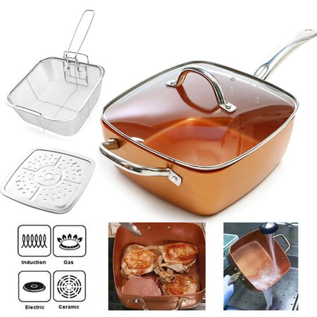 4 Piece Copper Square Induction Pan Glass Lid Fry Basket Steam Rack for