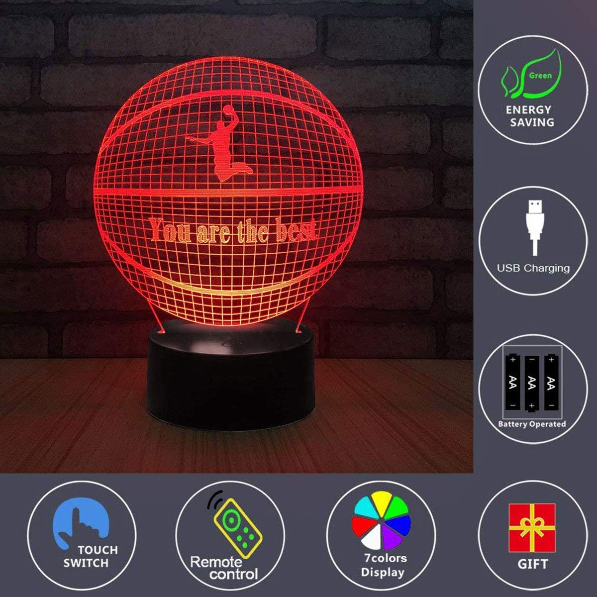 Epicgadget 3D Remote Night Light for Kids, Touch Control Optical Illusion Visualization LED Night Stand Light 7 Colors Changing with Remote Control Nightstand Lamp Christmas Gifts (Basketball) - image 3 of 3