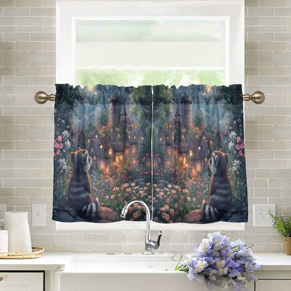 Wobogo Raccoon Trip Kitchen Curtains 2 Piece Set Farmhouse Country Style Light Filtering Small Window Drapes Suitable for Bathroom Laundry Room and RV 27x24in
