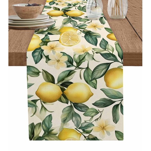 Yellow Lemon Table Runner 72 Inches, Floral Fruit Spring Summer Watercolor Green Bed Runner Dresser Scarves Tabletop for Indoor Outdoor Parties/Ceremony/Banquet, 13" x 72"