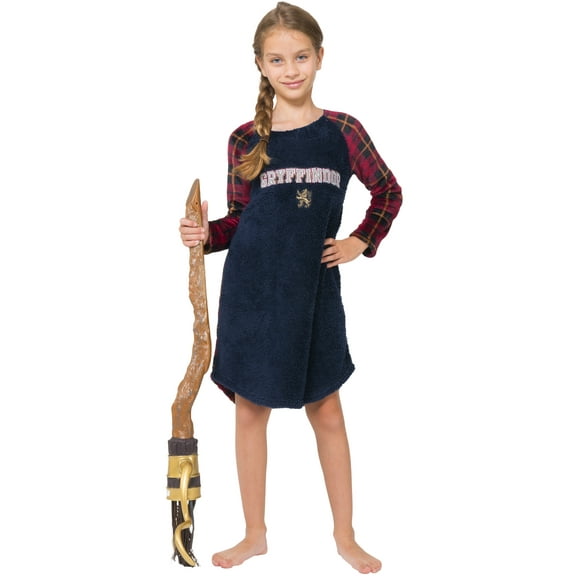 Harry Potter Girls' Hogwarts Gryffindor Long-Sleeve Plaid Sleeve Raglan Fleece Nightgown Pajama