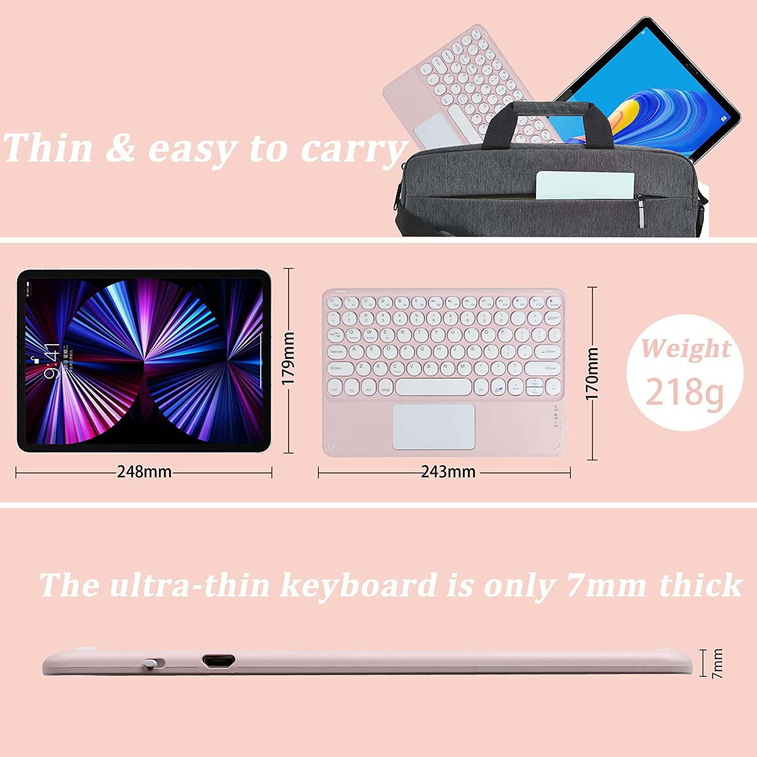 JINRAN Wireless Bluetooth Keyboard with Touchpad for ipad, Portable Mini Small Universal Rechargeable 10 inch Ultra-Slim Wireless Keyboard for Tablet Smartphone PC Computer Laptop Windows Android iOS