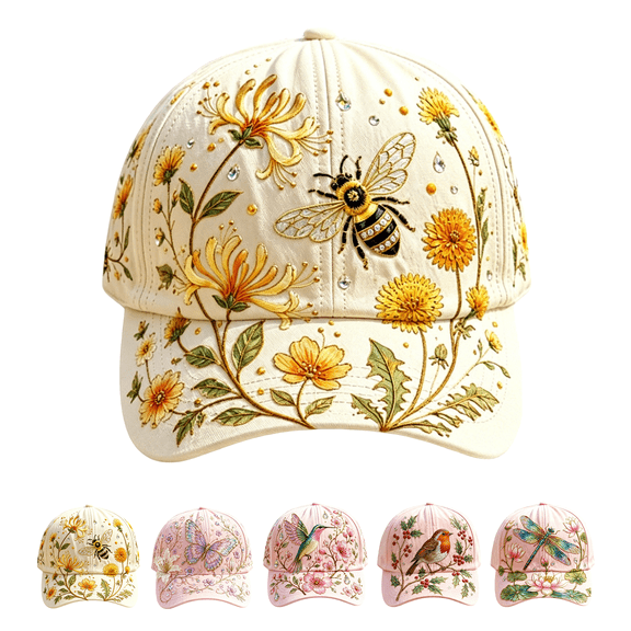 YUNAFFT Garden Morning Rhinestone Embroidered Adjustable Breathable Casual Gardening Baseball Cap, Gold (Honeybee Design), Women's Free Size, 1 Count