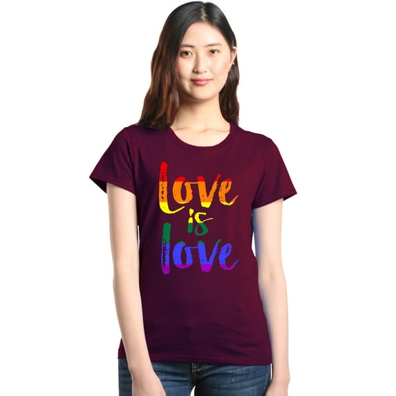 Shop4Ever Women's Love is Love Rainbow Gay Pride Graphic T-Shirt XXX-Large Maroon