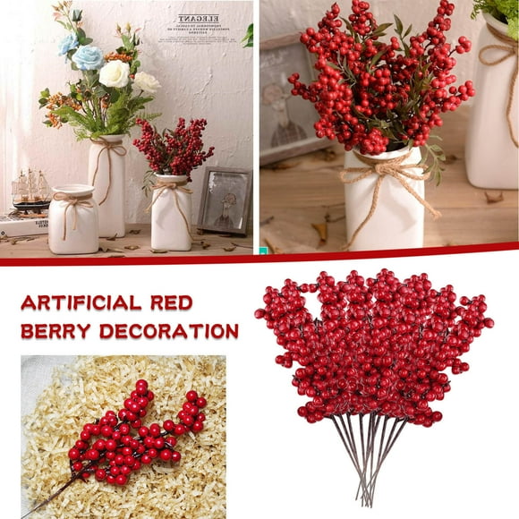 Rvkxad Red Berry Holly Branch Decor, 20cm Artificial Flower for Wreath Tree Hanging Decoration, Fake Berry Branches