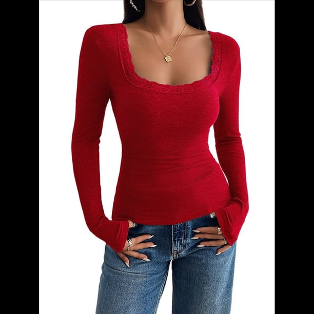 Camisas de Larga para Mujer, Cuello Cuadrado, Tops Cortos de Punto Acanalado, Conjuntos de Otoño, Ropa de Moda Rojo M