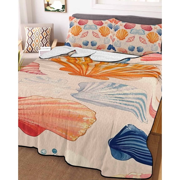 Orange Blue Pink Coastal King Size Down Alternative Comforter, Lightweight Comforter Quilt Bedding Set with Pillow Shams Summer Nautical Shell Beach All Seasons Bed Comforter Duvet Insert 96"x106"