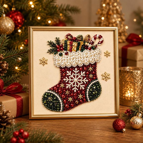 DIY Christmas Pearl Diamond Art Painting Kit with Frame, Christmas Pearl Beads Art Craft for Adults Beginner, Gemstone Diamond Dots Beads for Home Wall Decor
