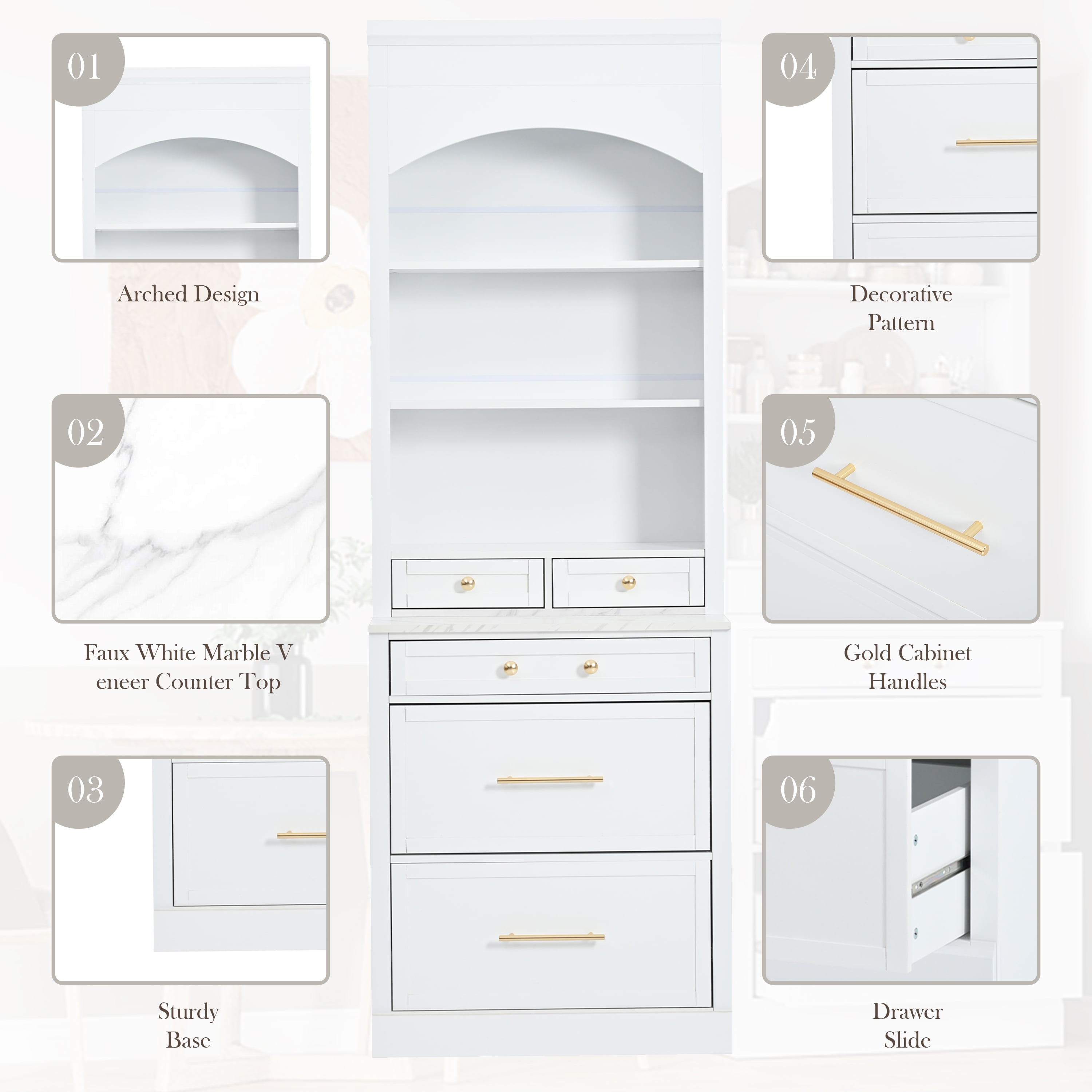 Harper & Bright Designs Freestanding Kitchen Pantry Storage Cabinet with Drawers and Shelves, Tall Kitchen Hutch with Faux Marble Top, White