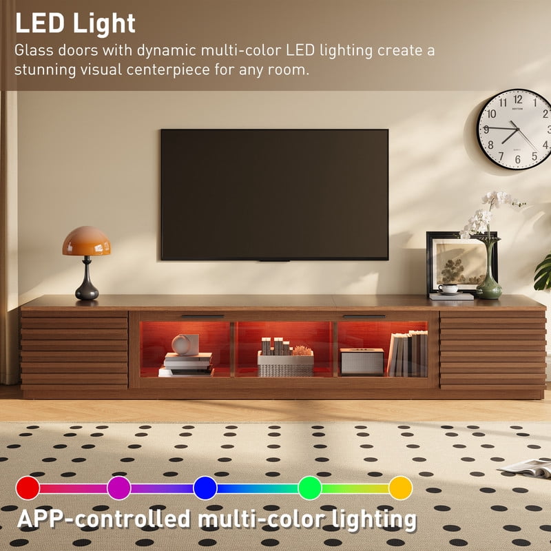 Modern TV Stand for TVs up to 80", Entertainment Center with Cable Holes, Media Console Table with Flap Glass Door & LED Light