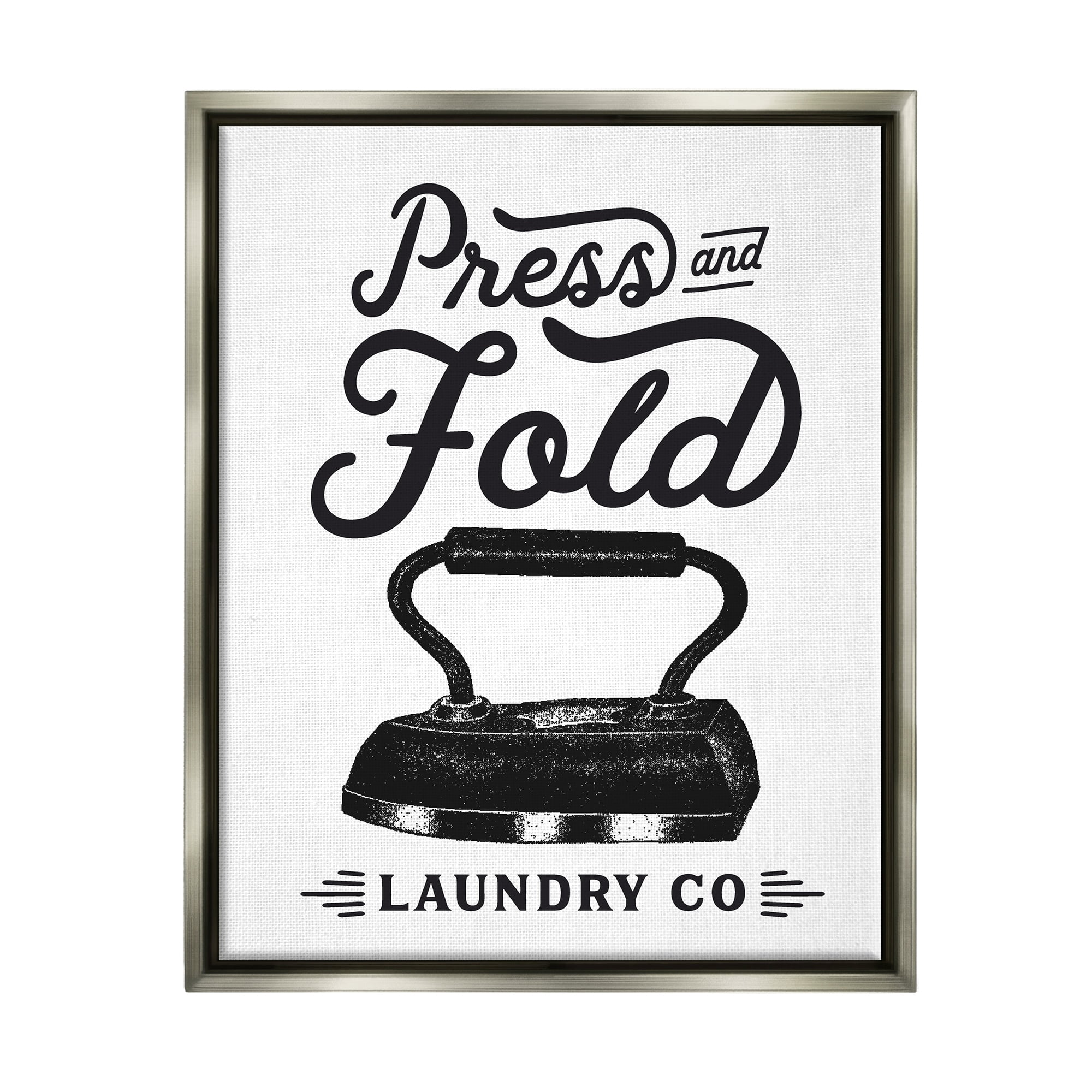 Stupell Industries Press & Fold Antique Iron Laundry Lettering Phrase Graphic Art Luster Gray Floating Framed Canvas Print Wall Art, Design by Lettered and Lined