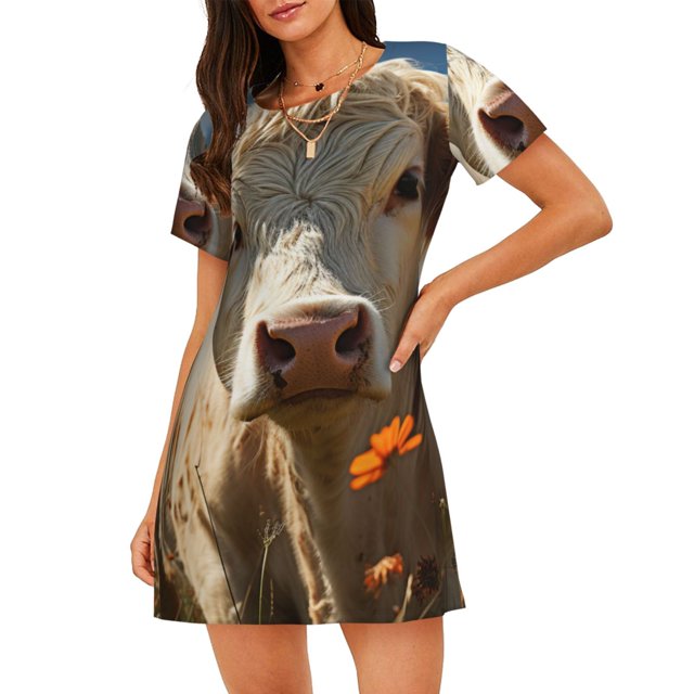 Balery Daisy Meadow Cow Camisón de manga corta con cuello redondo para mujer, cómodo y elegante.