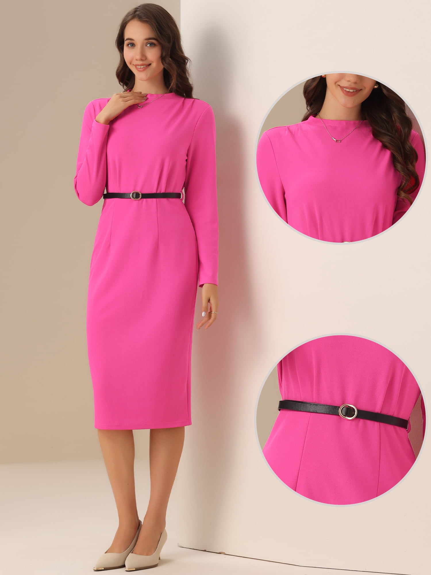 DARING DIVA Belted Waist Bodycon Work Sheath Dress M Hot Pink