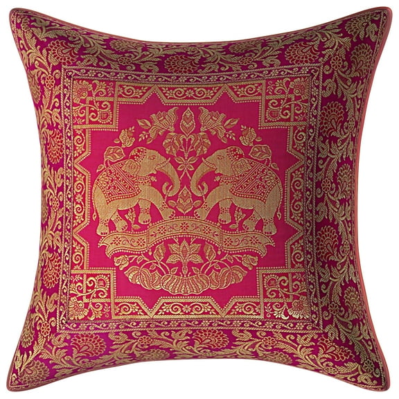 Stylo Culture Indian Christmas Brocade Magenta And Gold Throw Pillow Covers 16x16 Jacquard Weave Banarasi Throw Pillowcase Elephant Floral 40x40 cm Decorative Cushion Covers (1 Pc)