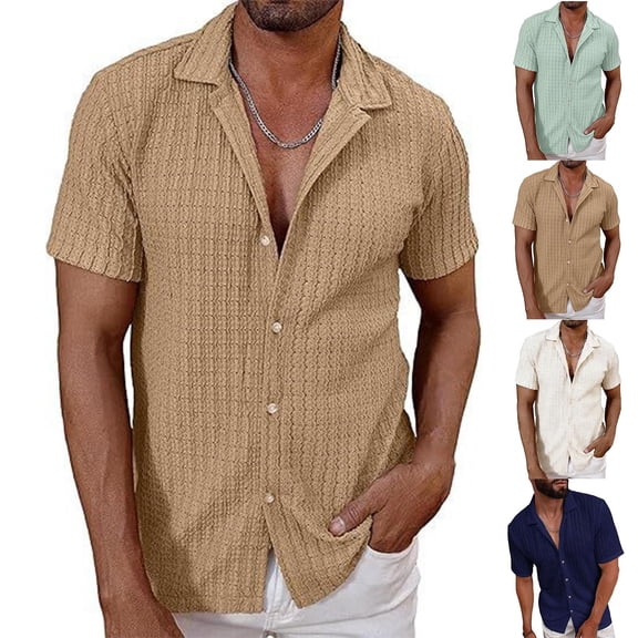 FRSASU Mens Knit Shirts Short Sleeve Button Down Casual Shirt Vintage Old Money Polo Shirts Vacation Beach Tops Khaki